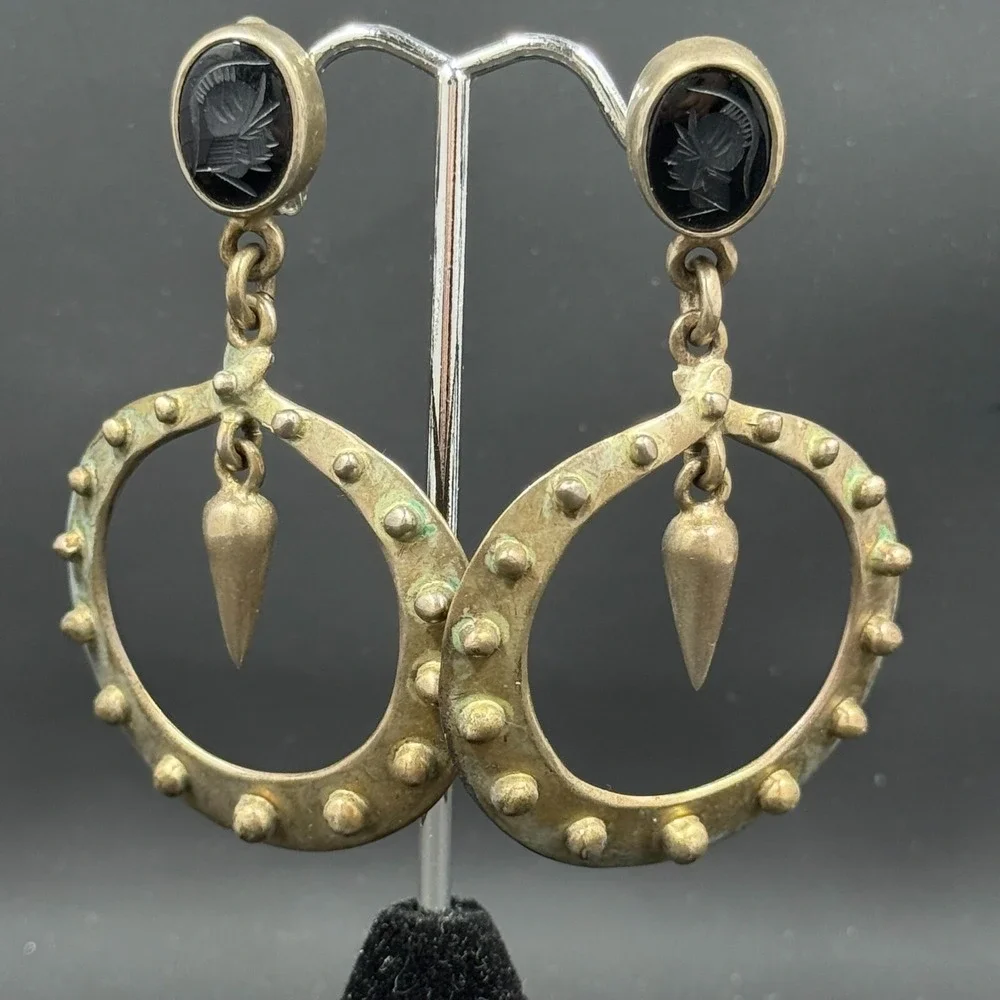 Vintage Sterling Silver Clip-On Earrings with Carved Black‎ Onyx Cameos – 2.75
